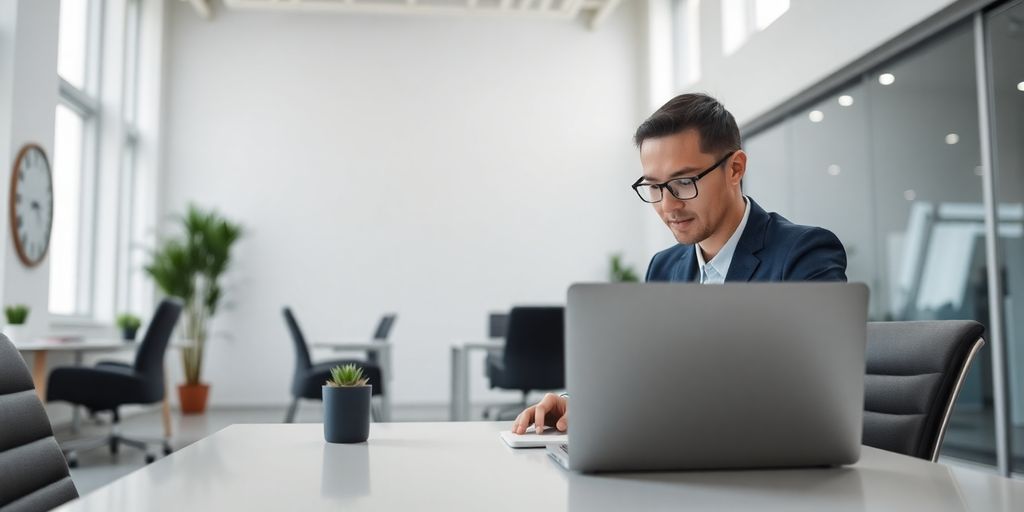 A focused professional working on a sleek laptop.