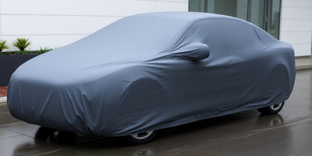 Car protected by waterproof cover from rain.
