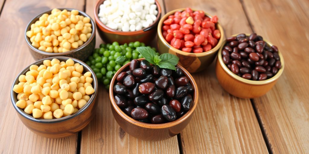 Assorted legumes in bowls on a wooden table.