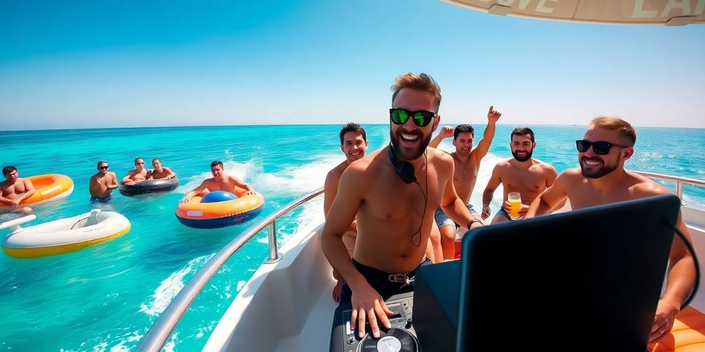 Cabo bachelor party boat with DJ and water toys.
