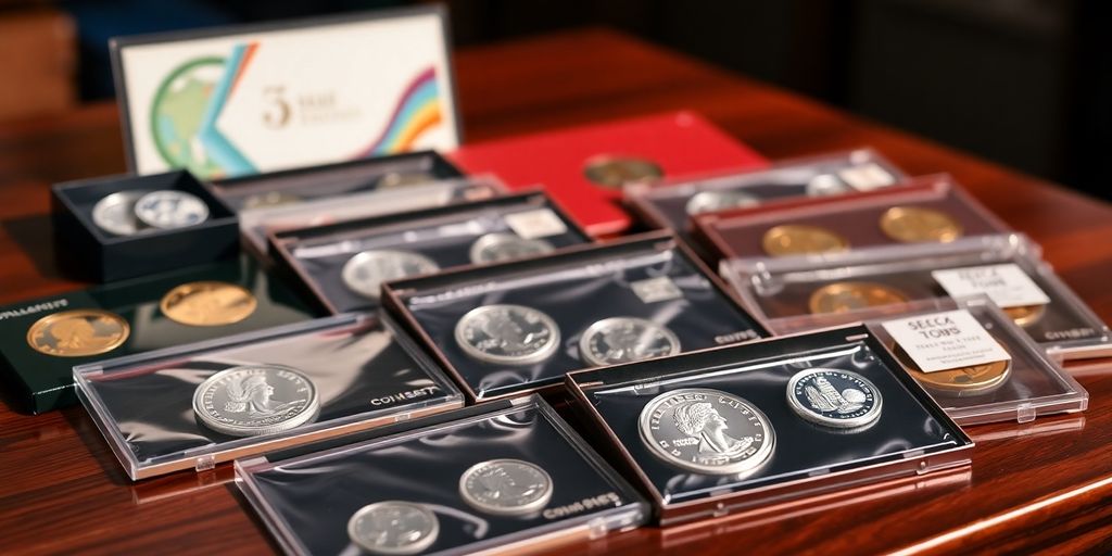 Close-up of proof sets displayed on a wooden surface.