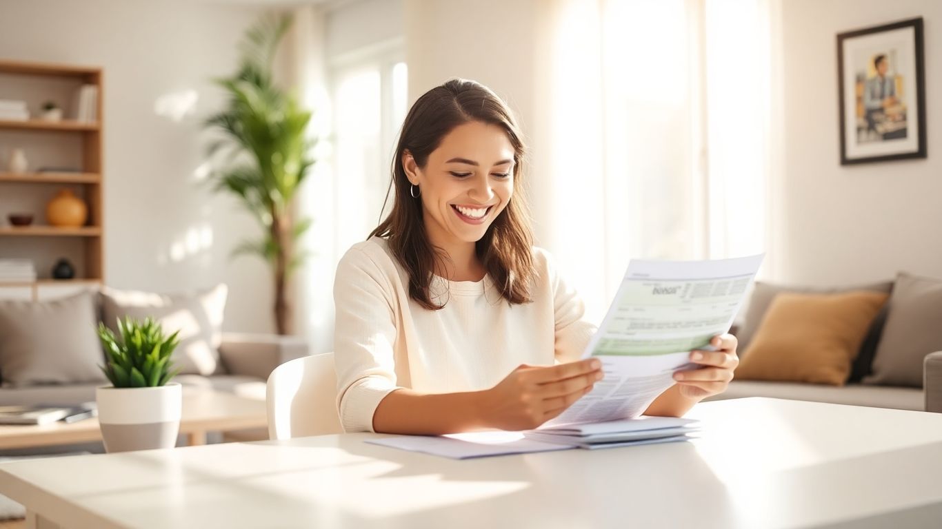 Person happy with finances in a sunny room.