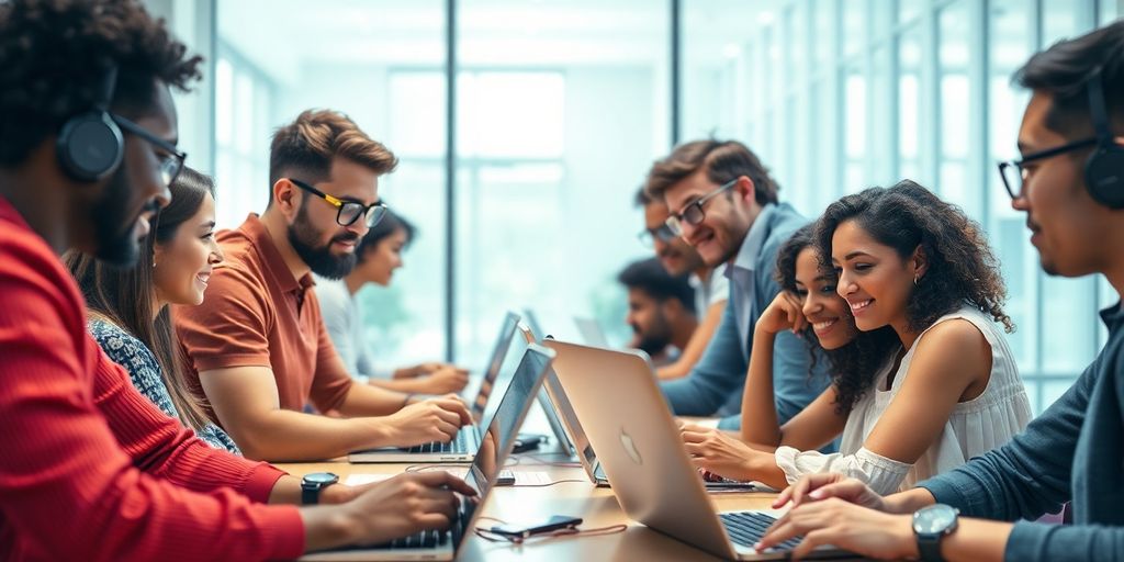 Diverse individuals learning machine learning online with laptops.