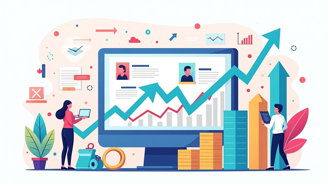 Illustration of website optimisation with arrows and icons.