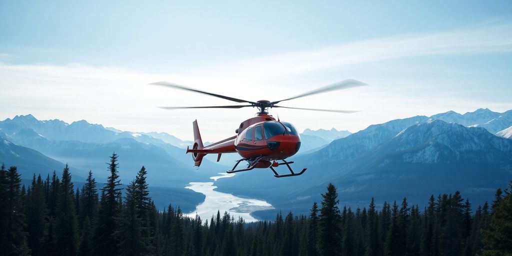 A helicopter with a Bambi Bucket flies over Alaskan wilderness.