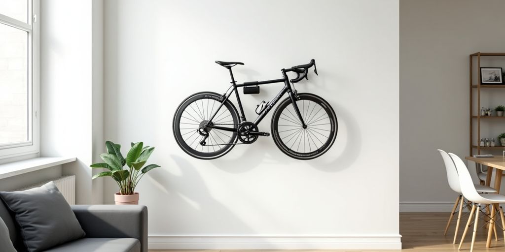 Wall-mounted bike storage rack with a road bike.