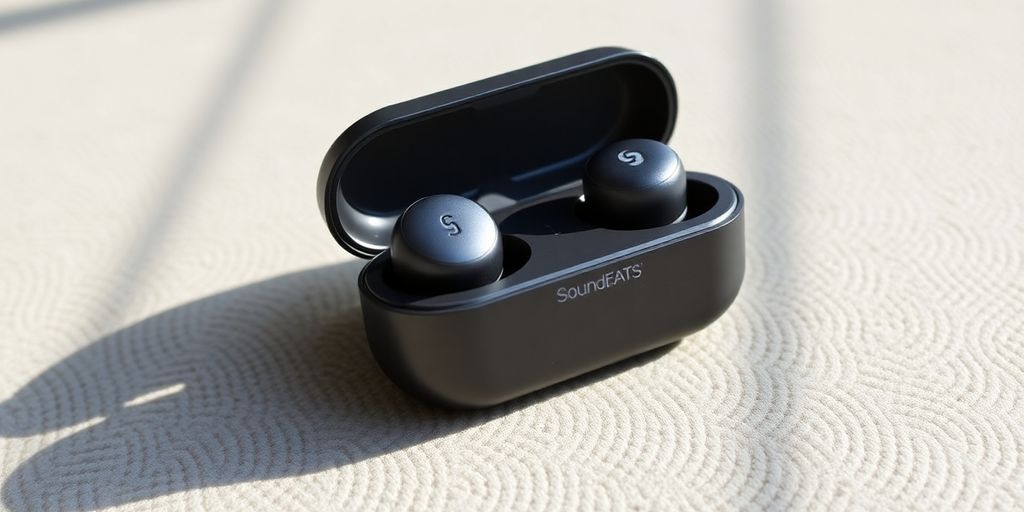 SoundPEATS TrueFree+ Kopfhörer auf einem weichen Untergrund.