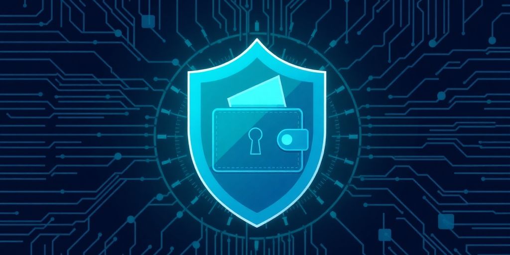 Illustrative image of a secure digital wallet with shield.