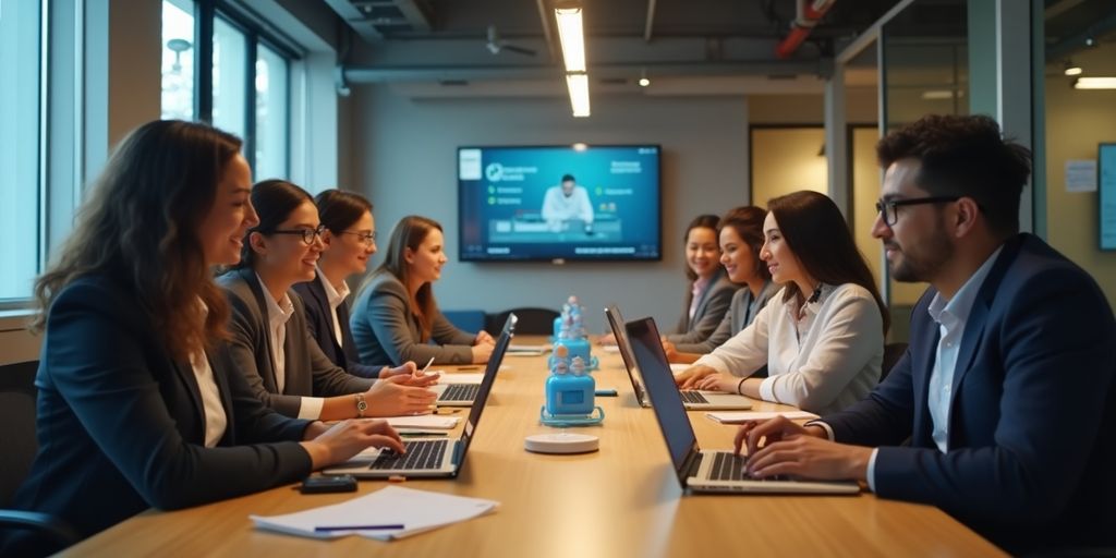 Diverse professionals collaborating in a modern office environment.