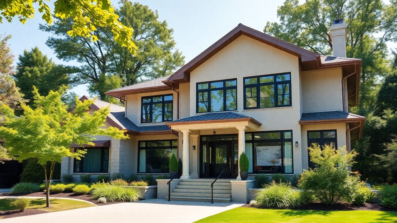 Elegant custom home with large windows and green landscaping.