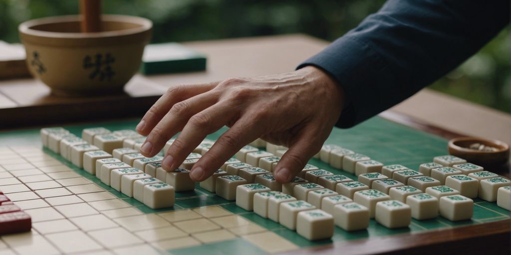 Mahjong table with 13 tiles, hands making a move, and an Asian-themed background.