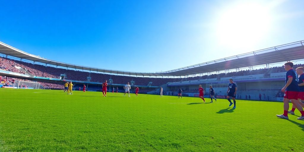 Soccer players competing on a green field under blue skies.