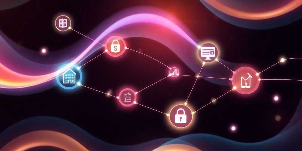 Interconnected digital pathways and tech icons infographic.