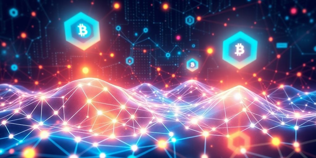 Futuristic blockchain nodes in a vibrant digital landscape.