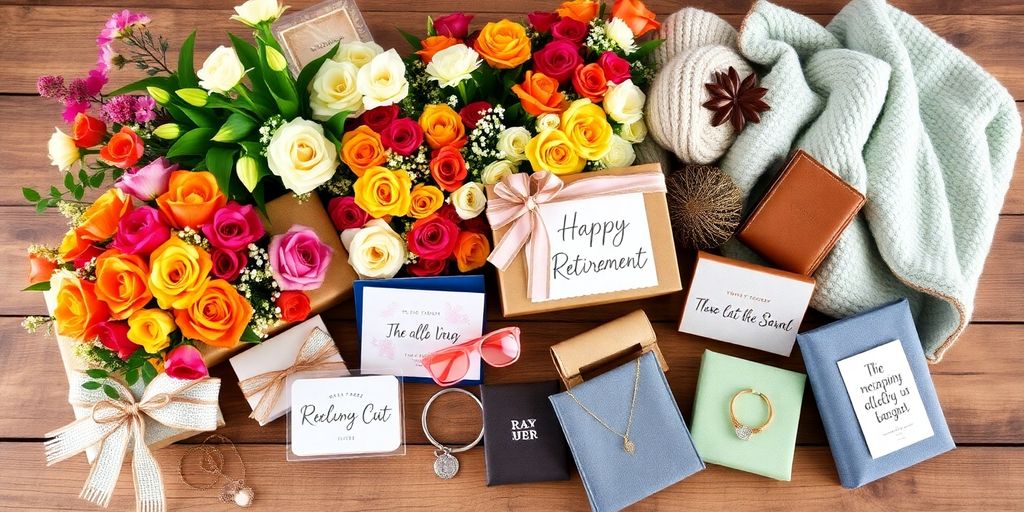 Collage of thoughtful retirement gifts for women.