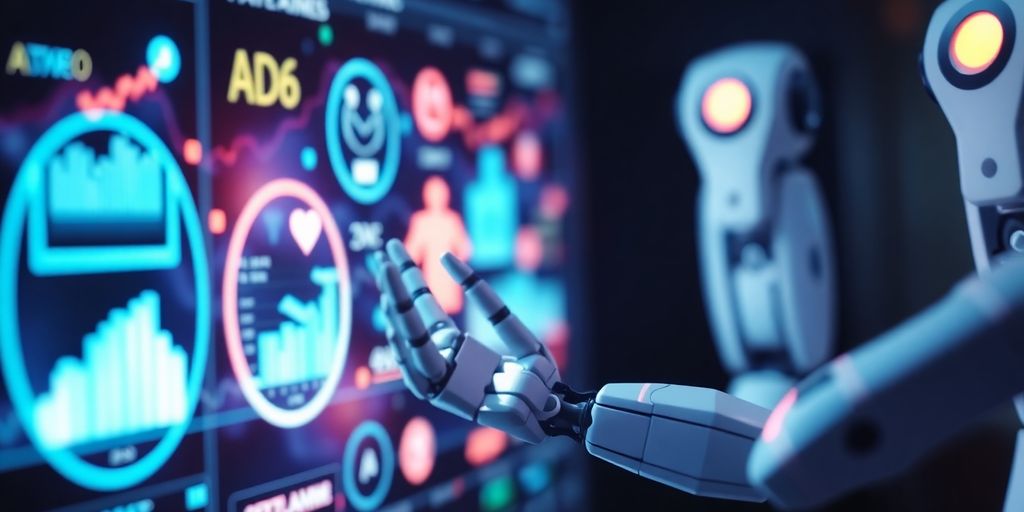 Robotic arms manipulating digital currency symbols.