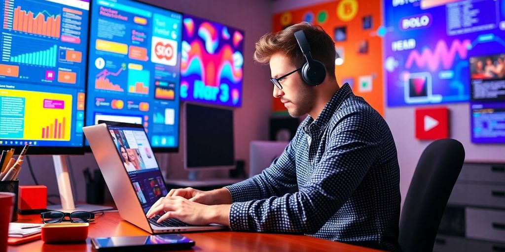 Web developer at laptop with colorful design elements.