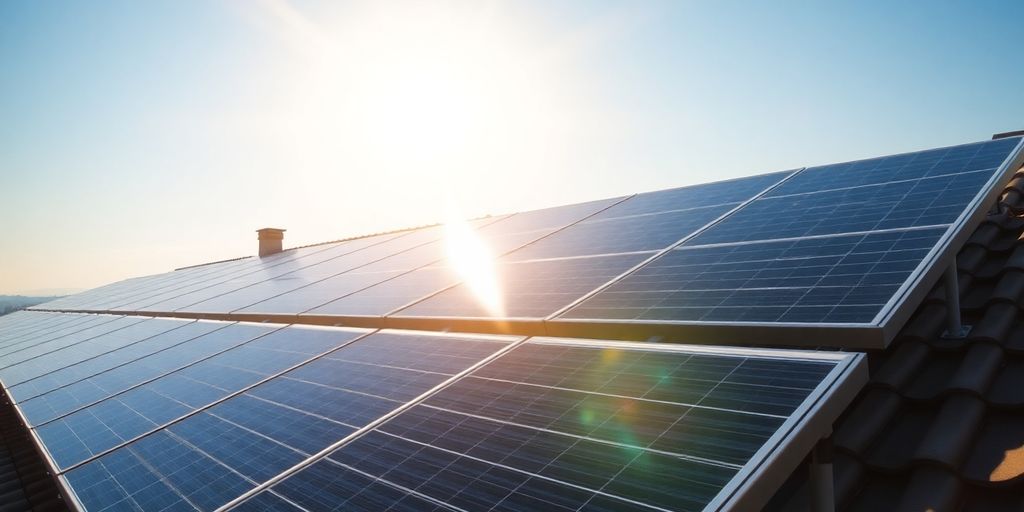 Zonnepanelen op een dak met zonlicht.