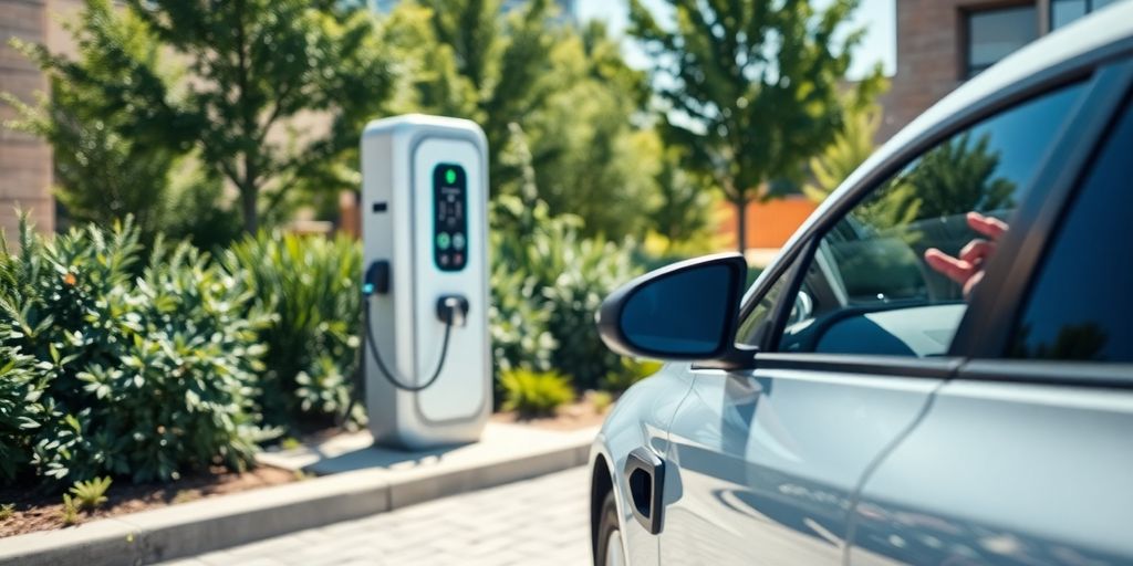Electric vehicle charging station in a small city.