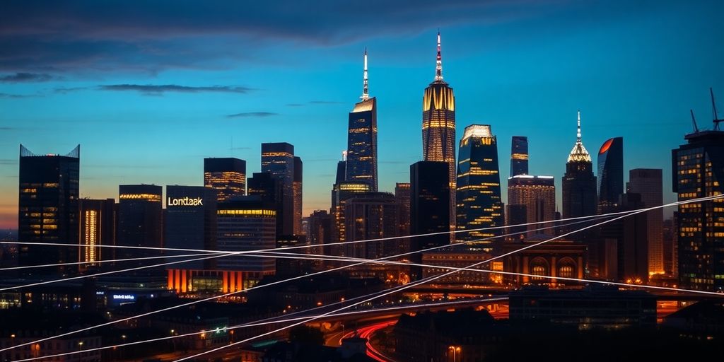 UK city skyline with glowing data overlays.