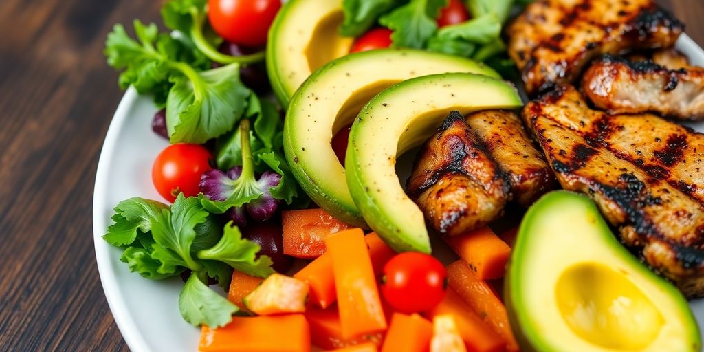 Keto diet food plate with healthy fats and vegetables.