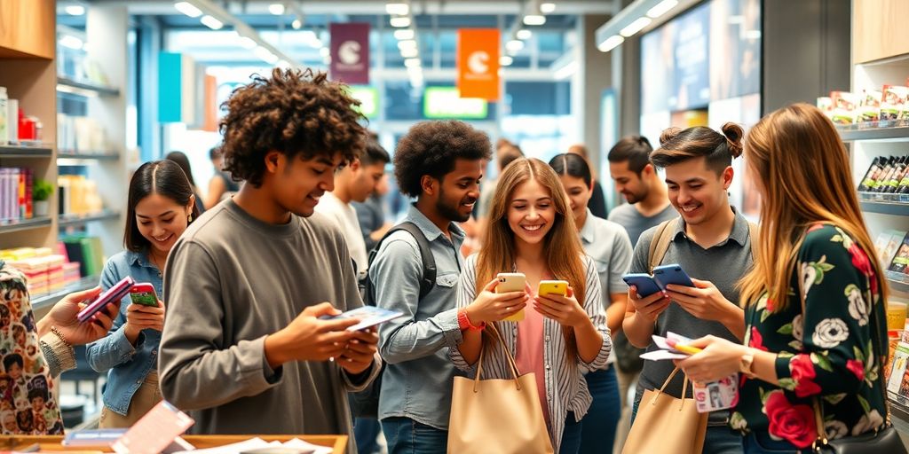 Consumatori în interacțiune cu produse inovatoare în retail.