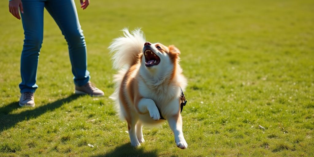 Dog spinning on grass with owner cheering.