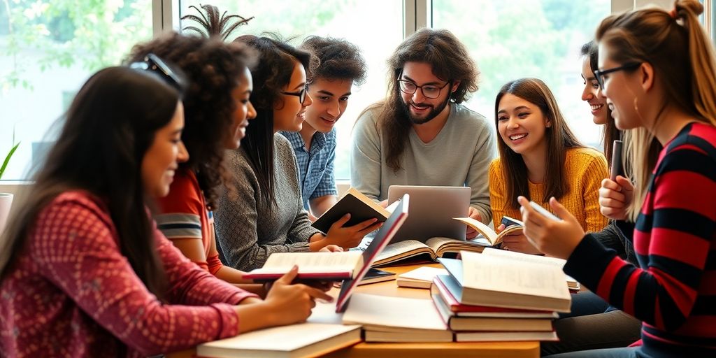 Grupo diverso de estudantes estudando juntos.