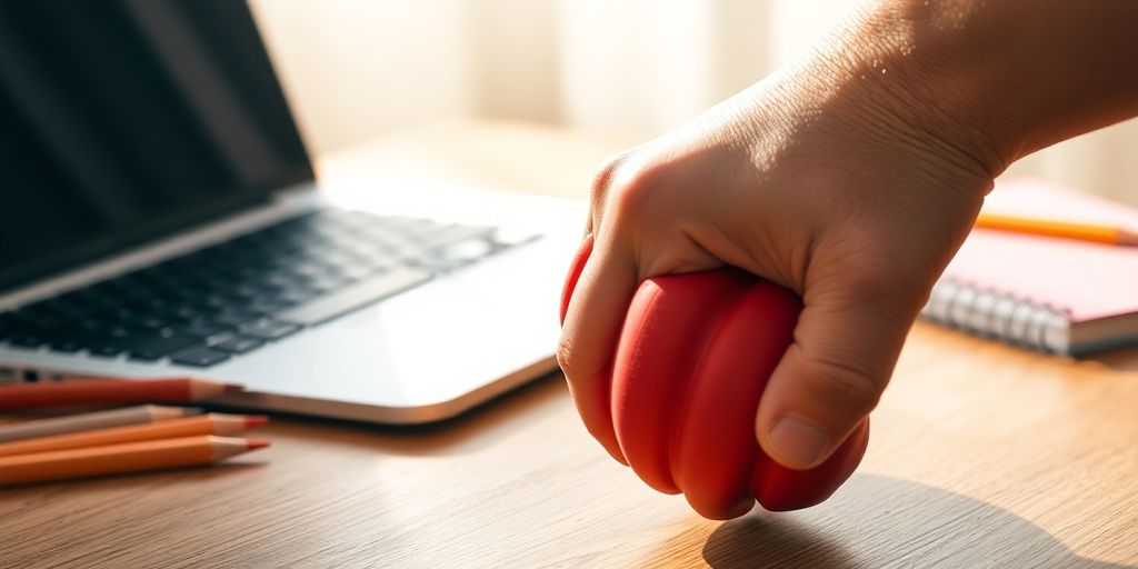 Student hand squeezing red stress ball on wooden study desk.