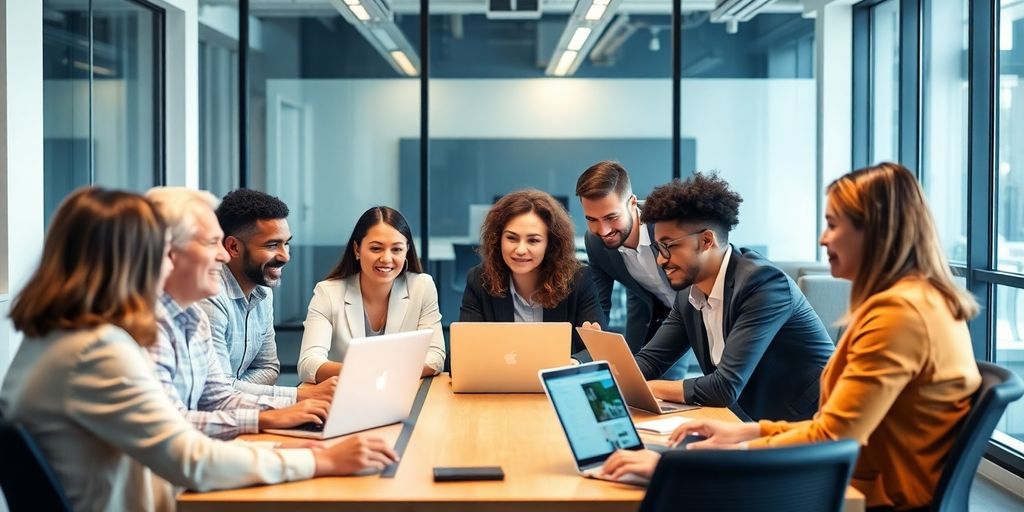 Group of professionals discussing website support in office.