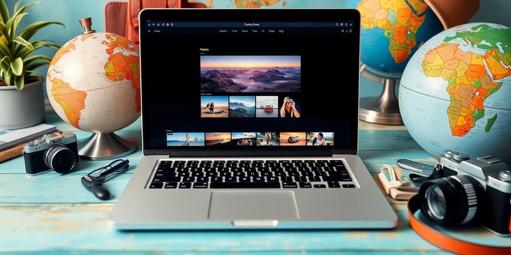 Laptop and travel gear in a bright workspace.