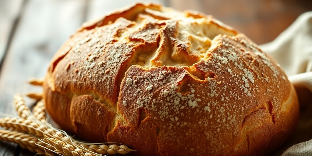 Loaf of bread on a wooden table with wheat.