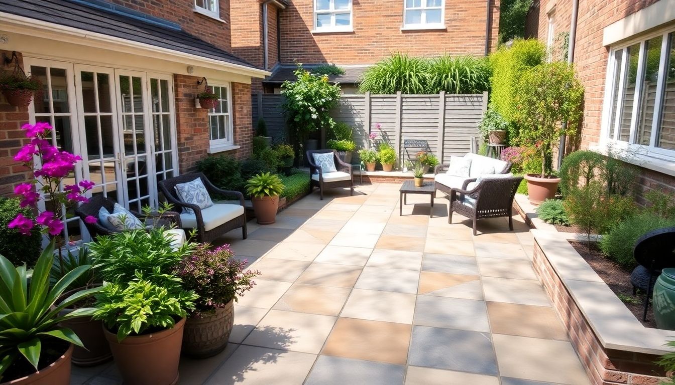 Elegant patio in a London garden with vibrant plants.