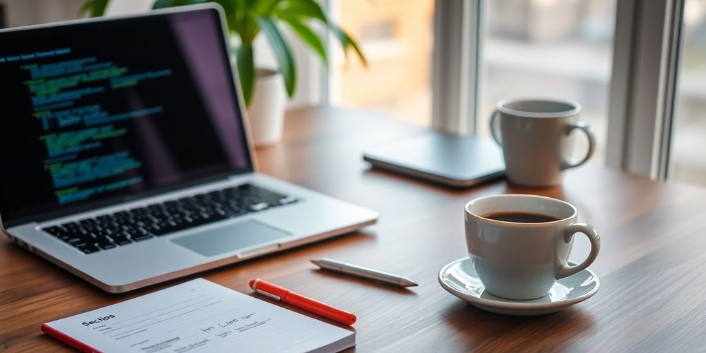 A workspace with a laptop and notepad.