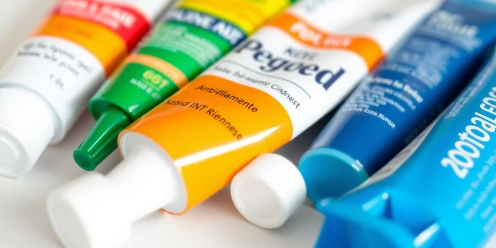 Pommades et gels anti-inflammatoires sur une surface propre.