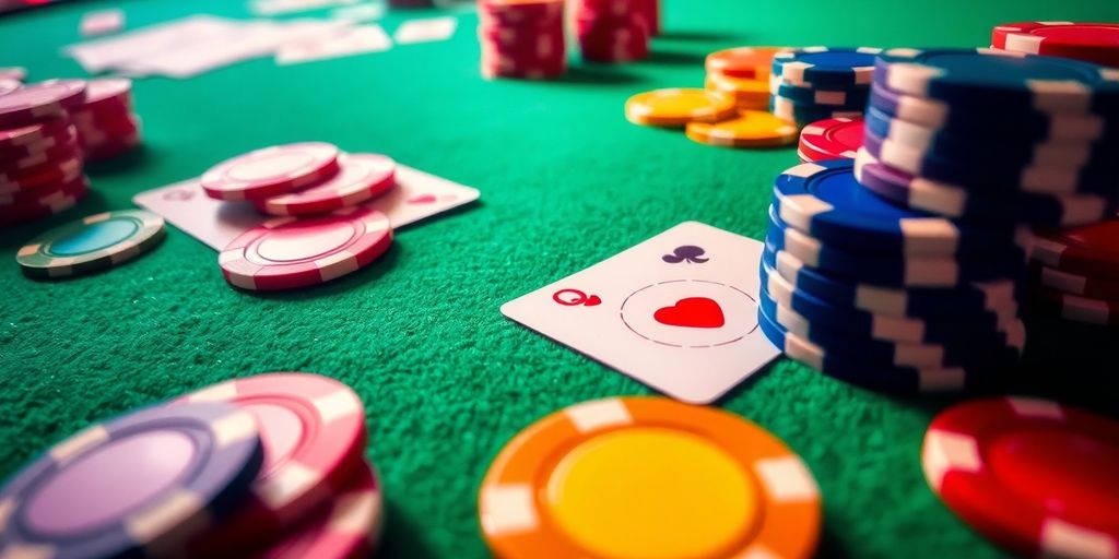 Casino chips and cards on a green felt table.