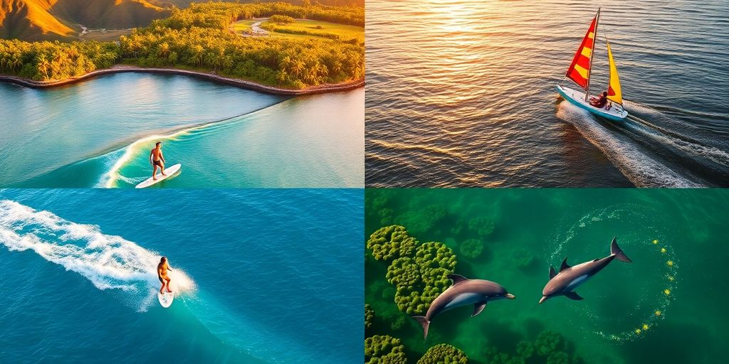 Surfer on turquoise wave, paddleboarder, snorkelers, sailboard at Hawaiian sunrise