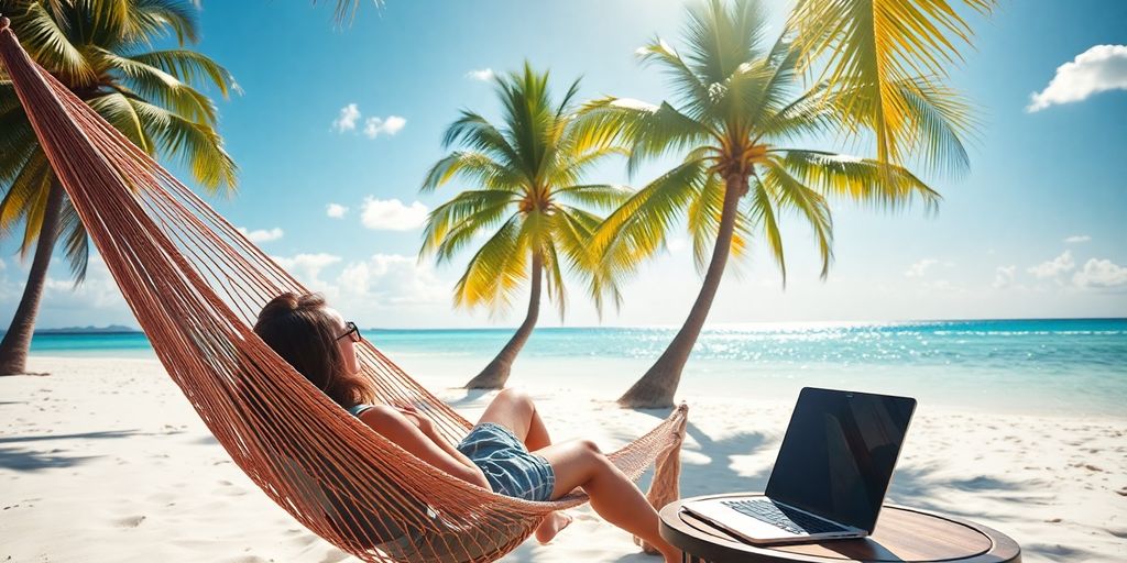 Person relaxing on beach, laptop nearby.