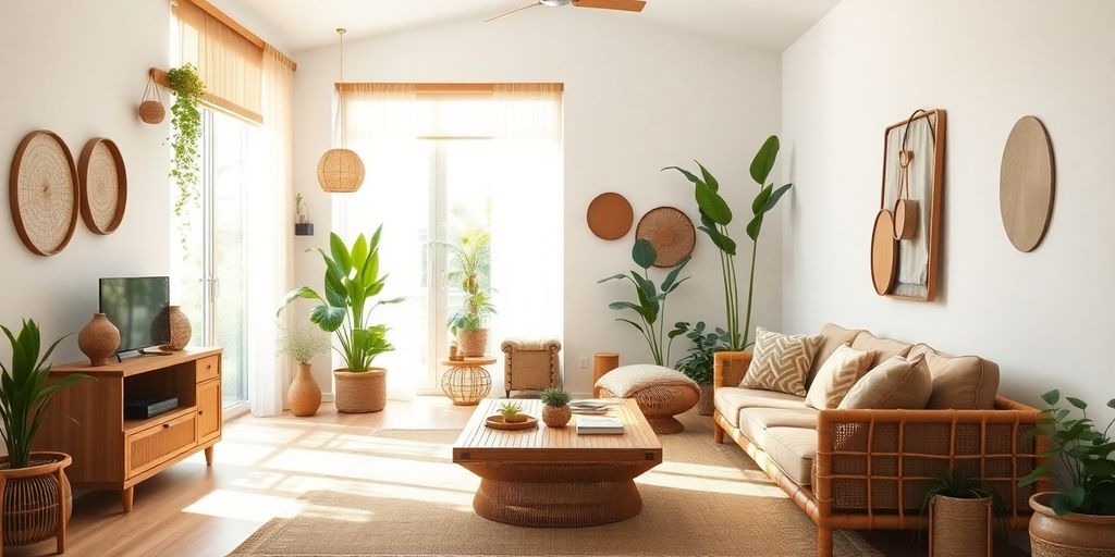 Modern living room with sustainable furniture and plants.