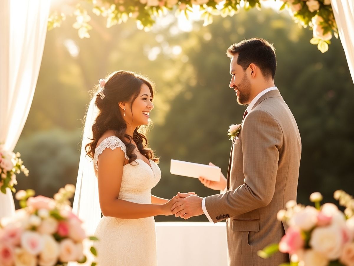 Cuplu fericit la altar, cu lumina soarelui.