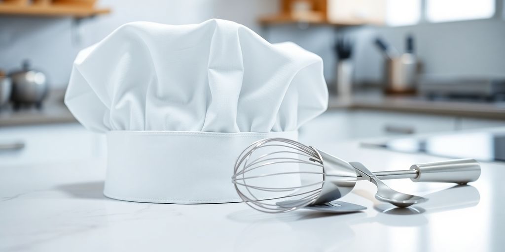 Chef's hat and utensils on a clean kitchen counter.