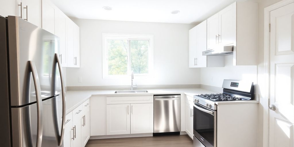 Clean, modern small kitchen with new appliances.
