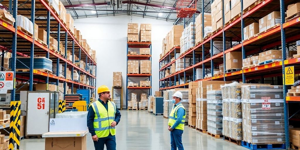 Warehouse with safety gear and secure storage solutions.