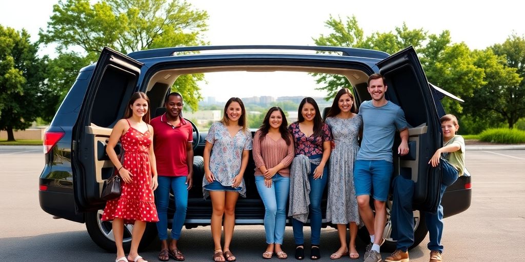 Seven-person family next to large rental SUV.