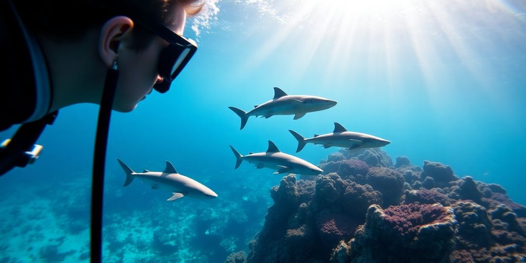 Diver near coral reef with sharks.