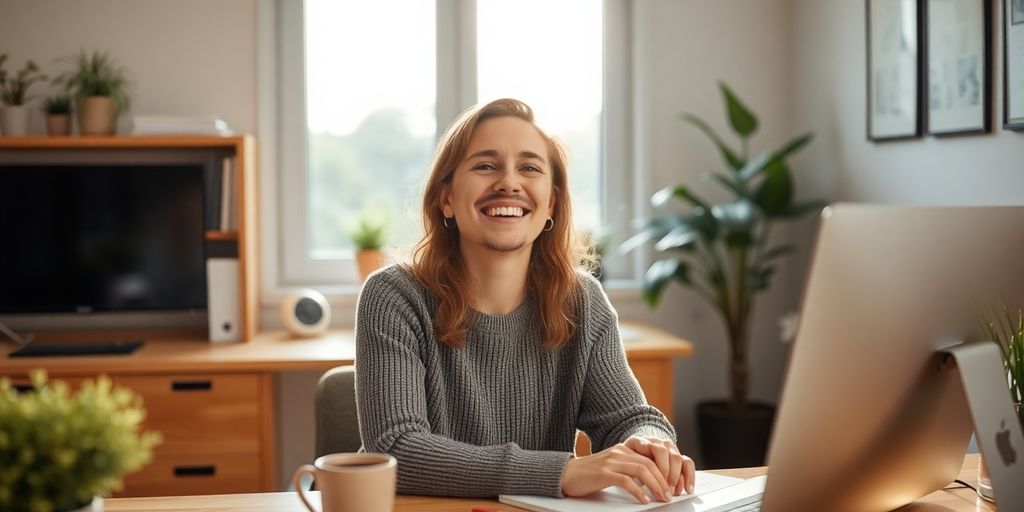 Person smiling while working from a serene home office.