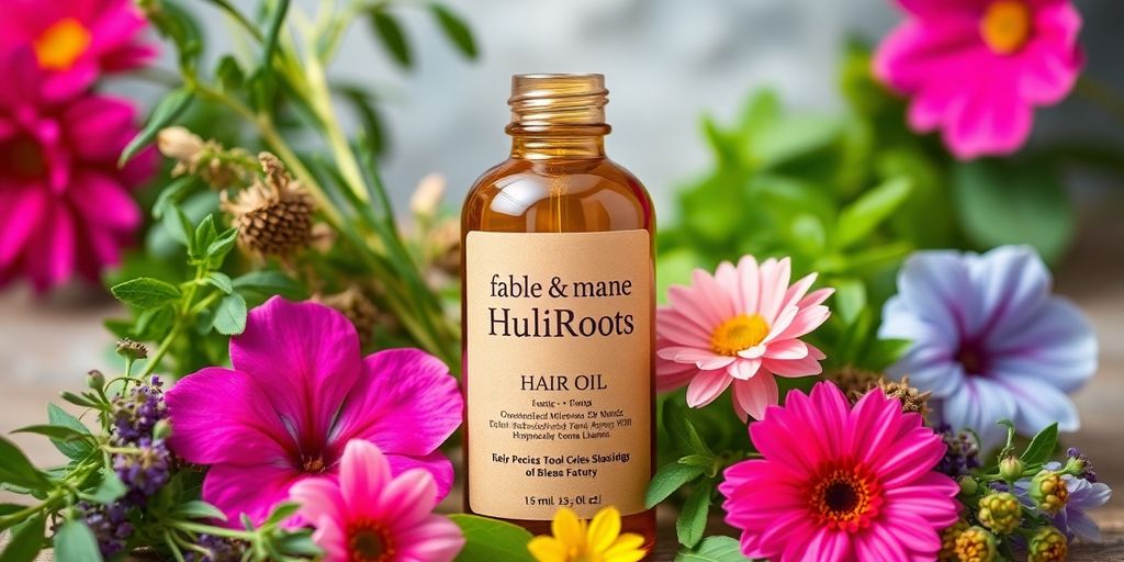 Fable & Mane HoliRoots Hair Oil with herbs and flowers.