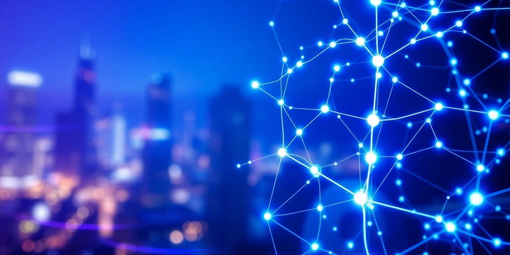 Glowing neural network, futuristic cityscape, digital connections.