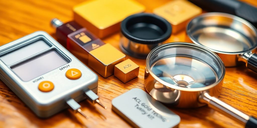 Outils de test de pureté de l'or sur une table.