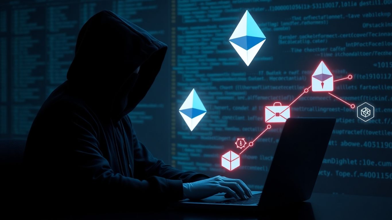 Hacker surrounded by Ethereum symbols and digital chains